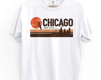 Vintage Chicago 1833, Chicago-Skylinekunstt-stück, Chicago-Hemdgeschenke, Chicago-Illinois-Hemd, Chicago-Flaggen-T-Shirt, Chicago-Musical-T-Shirt