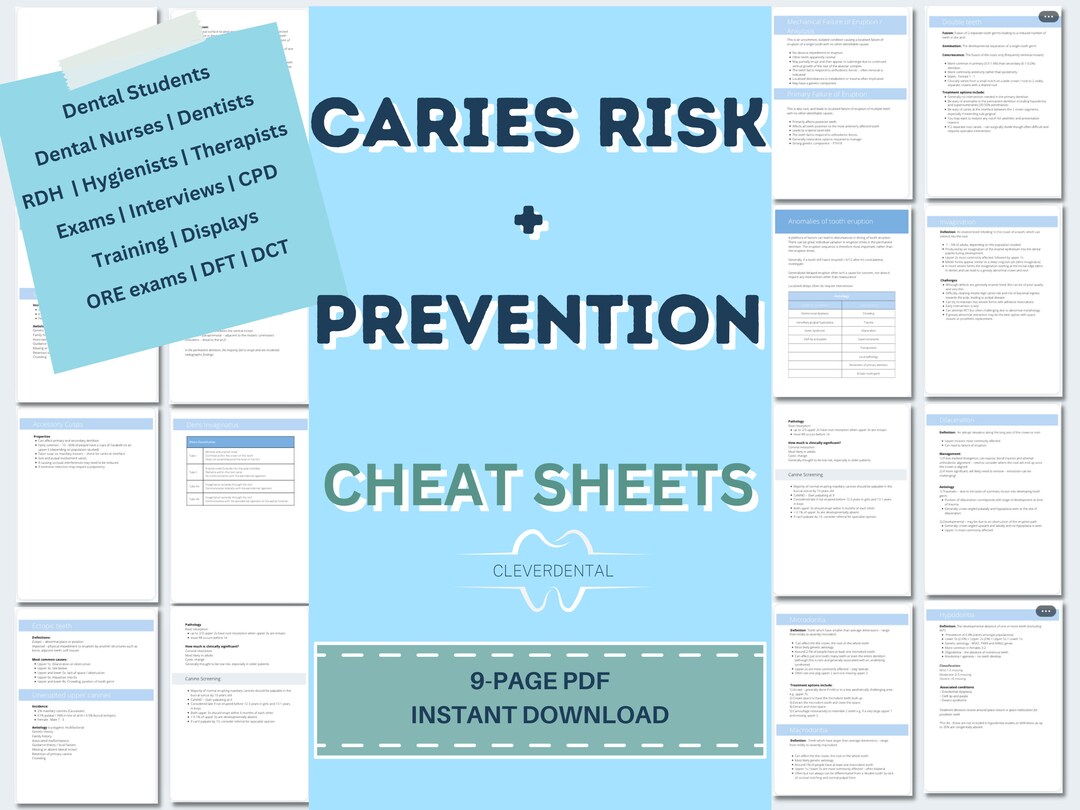 Caries Risk and Prevention Cheat Sheet Dentist Dental Nurse Therapist