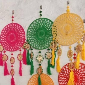 Multicolor Indian Dream Catchers with Bells – Wall Hanging, Mehndi, Haldi & Party Backdrop Décor