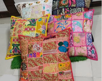Poszewka na poduszkę z bawełny radżastańskiej 16x16 | Haftowana poszewka patchworkowa | Sofa, salon i wystrój weselny
