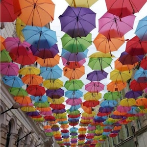 Peut inclure: Une scène de rue ornée d'une canopée de parapluies colorés suspendus. Les parapluies sont de couleurs vives variées, notamment rouge, orange, jaune, vert, bleu et violet, créant une ambiance festive et animée.