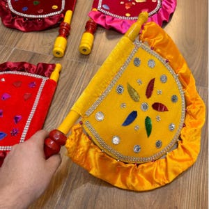 Handmade Velvet Decorative Hand Fan – Traditional Punjabi Pankha with Wooden Handle for Wedding & Event Decor