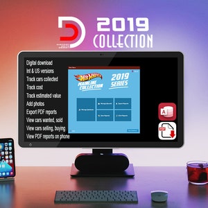 May include: A computer screen displaying a software program for tracking Hot Wheels Mainline Collection cars from the 2019 series. The software features options to manage records, export reports, and view reports. The screen is on a desk with a keyboard, mouse, and a cup of tea.