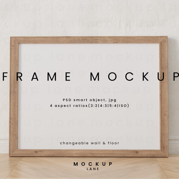 Horizontal Wooden Frame Mockup with Multiple Frame Sizes | Change Wall texture and color | Smart Object PSD, jpg