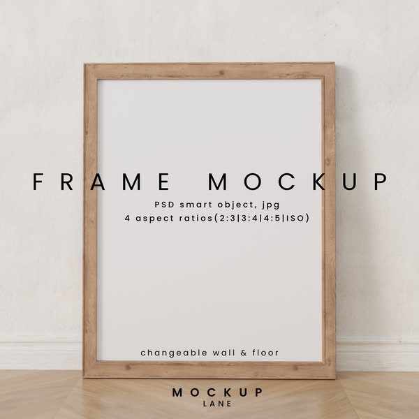 Vertical Wooden Frame Mockup with Multiple Frame Sizes | Change Wall texture and color | Smart Object PSD, jpg