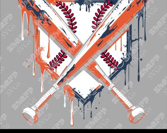 May include: A baseball home plate with two crossed baseball bats, painted in a dripping orange, blue, and white paint design.