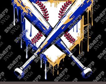 May include: Two crossed baseball bats with a blue and gold paint splatter design. The bats are crossed over a white baseball home plate with red stitching. The home plate has a red and green leaf design.