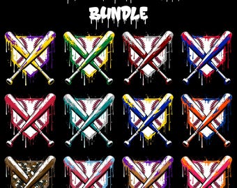 May include: A set of 12 baseball home plate designs with dripping paint in various colors. Each design features two crossed baseball bats with a home plate in the center.