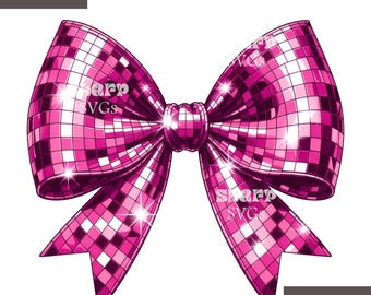 Pink Disco Ball Bow PNG, Glitter Coquette Print
