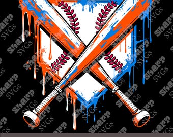 May include: A baseball-themed design featuring two crossed bats with a home plate in the center. The bats are orange and blue with white paint splatters and drips. The home plate is white with red stitching and a green leaf design.