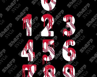 May include: A set of ten baseball-themed numbers with red dripping paint. The numbers are white with black stitching and are arranged in a grid.