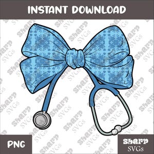 Blue Nurse Coquette Bow Stethoscope Nursing Doctor,Nurse Coquette Png, Nurse Bow Ribbon Stethoscope Sublimation designs Hand Drawn