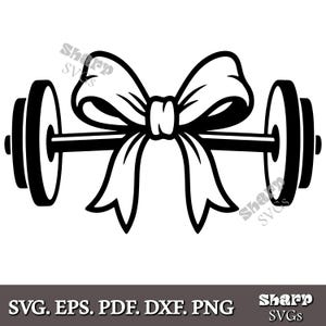 May include: A black and white graphic of a barbell with a large bow in the centre. The barbell has two circular weights on each end. The bow is white with detailed lines. The image includes the text "SVG. EPS. PDF. DXF. PNG" and "Sharp SVGs".