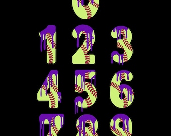 May include: A collection of numbers 0-9, each designed to resemble a baseball. The numbers are light green with red stitching and purple dripping paint. The background is solid black.