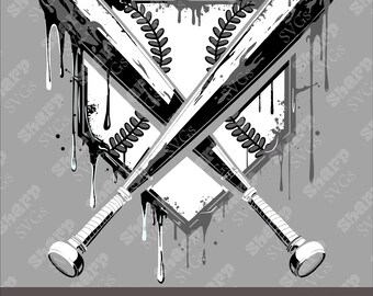 May include: Black and white graphic design of two baseball bats crossed over a baseball home plate with dripping paint. The home plate has a distressed look with a white background and black outline. The bats are crossed in the middle and have a dripping paint effect.