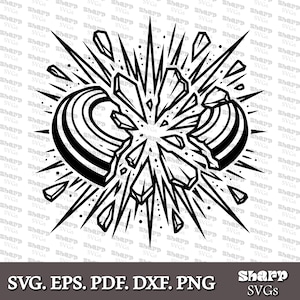 May include: A black and white graphic illustration depicting a circular object shattering into multiple jagged fragments. The design features sharp, radiating lines emanating from the center, creating an explosive effect with high-contrast bold lines.