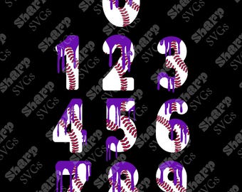 May include: A set of ten baseball-themed numbers with purple dripping paint. The numbers are white with red stitching and are arranged in a vertical column.