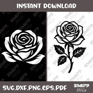 Könnte beinhalten: Schwarz-weiße digitale Illustration mit zwei Rosenmotiven. Eine Rose ist voll erblüht, die andere hat einen Stiel und Blätter. Der Text "INSTANT DOWNLOAD" und Dateityp-Optionen sind ebenfalls enthalten.