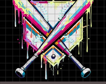 May include: Two crossed baseball bats with a home plate in the center. The bats and home plate are dripping with colorful paint in a graffiti style.