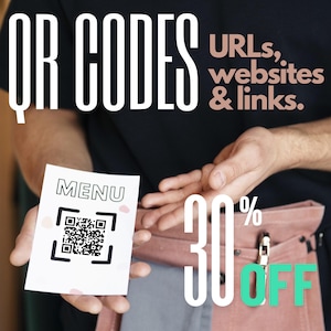 Op de afbeelding: Een persoon houdt een witte kaart vast met een QR-code en het woord "MENU" erop gedrukt. De tekst "30% OFF" is gedrukt in grote witte letters op een roze achtergrond. De tekst "URLs, websites & links." is gedrukt in wit op een zwarte achtergrond.