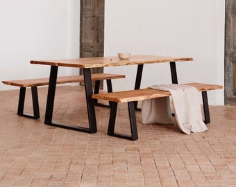 Oak Wood Dining Set With Black Steel Legs Live Edge