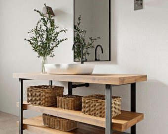 Mobiletto da bagno a parete con struttura in metallo e base autoportante, altezza 76 cm.
