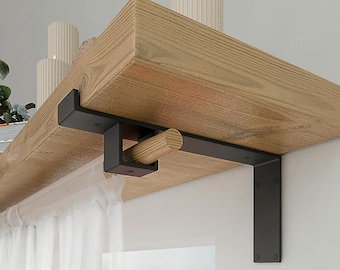 Metal Shelf Bracket with Curtain Rod Holder | 2in1 Floating Wall Support | Custom Sizes | Black White Gold