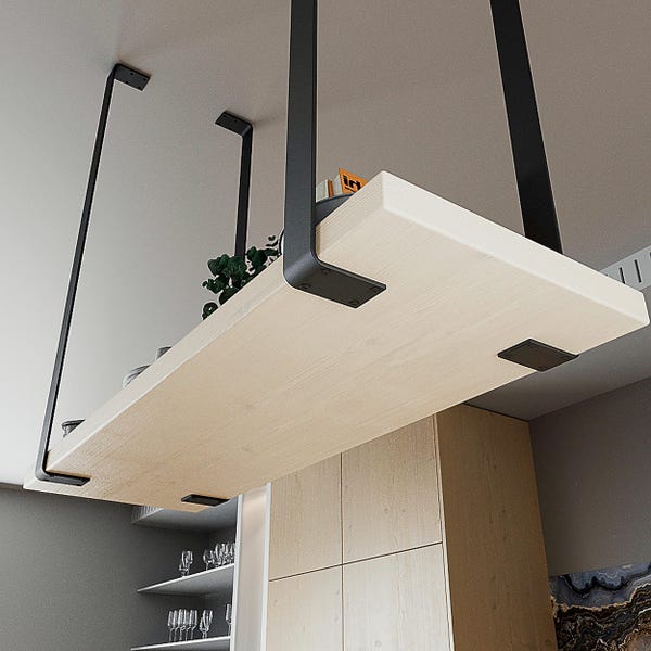 Hanging Shelf Bracket for Kitchen Island | Ceiling Mounted Metal Support | Custom Heights, 9 Colours | Sold Individually