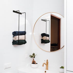 Wall Mounted Towel Rack Holder - Space Saving Metal Organizer for Bathroom Kitchen Laundry Spa - Powder Coated 6 Colors - Modern Minimalist