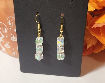 Dainty Cube Crystal Drop Earrings, Lightweight Costume Jewelry