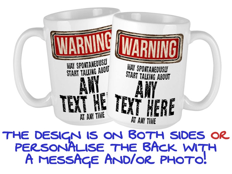 Mug for rock music fans showing both sides and personalisation options.