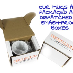 Obsession Ceramics Mug in a smash-proof box used for delivery.