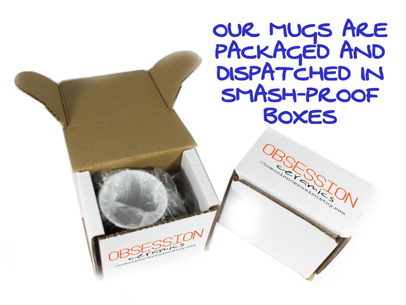 Obsession Ceramics Mug in a smash-proof box used for delivery.
