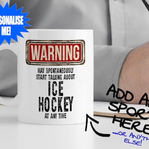 Ice Hockey Mug with man writing notes – WARNING Design