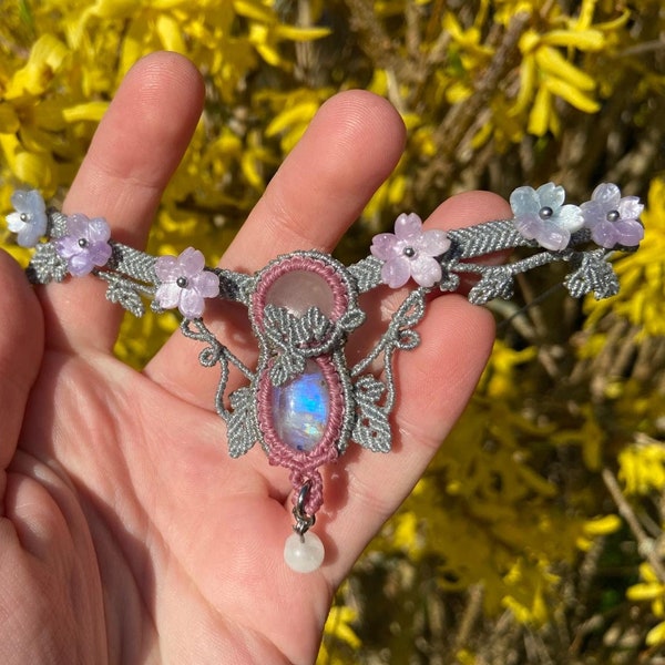 Macrame Choker Necklace Tiara Moonstone Rose Quartz Cherry Blossom "Peony" pink silver leaves nature