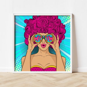 May include: A woman with pink hair and a surprised expression is wearing large, round glasses with the word "WOW" printed on them. The background is a blue and yellow pop art style.