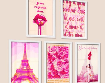 Roze oranje muur kunst Franse preppy kamer decor Maximalist Gallery digitale muur kunst Funky Parijs preppy kamer decor Maximalistische muur kunst tiener