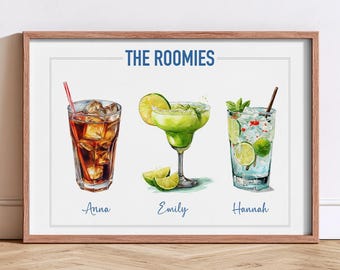Aangepaste huisgenoten drankje print gepersonaliseerde naam cocktailposter trendy keuken bar kar decor college appartement roomie cadeau idee meisjes slaapzaal