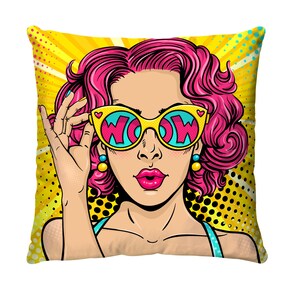 May include: Pop art style throw pillow featuring a woman with pink hair and sunglasses. The sunglasses have the word "WOW" in them. The background is yellow with a comic book style design. The woman is wearing blue earrings and a blue top.