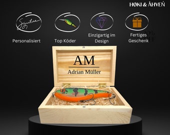 Personalisierte Holz-Magnetbox für Angler und Fischer | Geschenkbox mit Wobblern und Ködern für Hecht, Barsch, Forelle und Zander | Vatertag