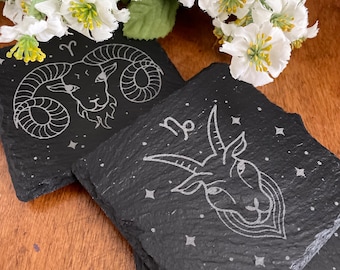 Square Black Slate Coasters Laser Engraved with Zodiac Signs Designs