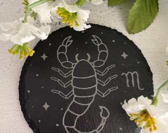 Circular Black Slate Coasters Laser Engraved with Zodiac Signs Designs