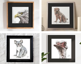 Handmade watercolor illustrations - Eagle, koala, sharpei dog and ostrich