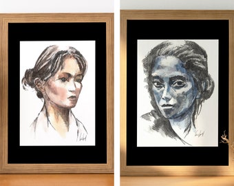 Handmade watercolor portraits of women
