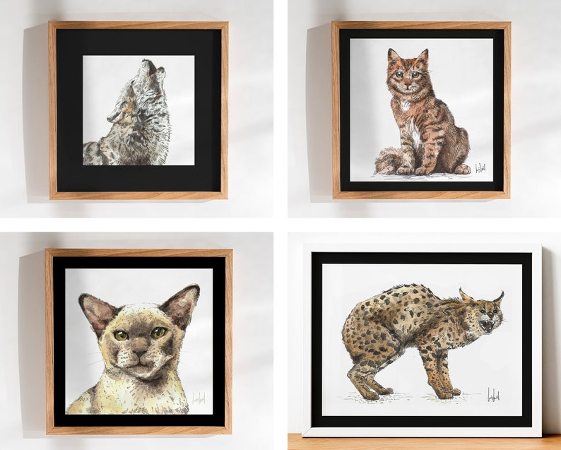 Handmade watercolor illustrations Cats, wolf and serval image 1