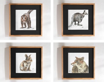 Handmade watercolor illustrations - Lemur, walabi, rabbit and coyote