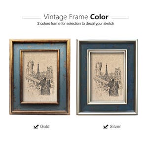 May include: Two vintage picture frames, one gold and one silver, each with a blue border and a sketch of a European cityscape. The text at the top reads "Vintage Frame Color". The bottom text indicates the gold and silver frame options.
