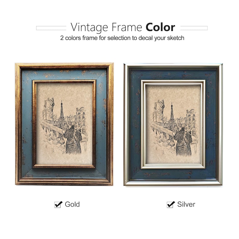 May include: Two vintage picture frames, one gold and one silver, each with a blue border and a sketch of a European cityscape. The text at the top reads "Vintage Frame Color". The bottom text indicates the gold and silver frame options.