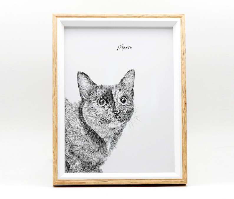 May include: A black and white drawing of a cat named Maeve in a wood frame. The cat is looking to the right of the image.