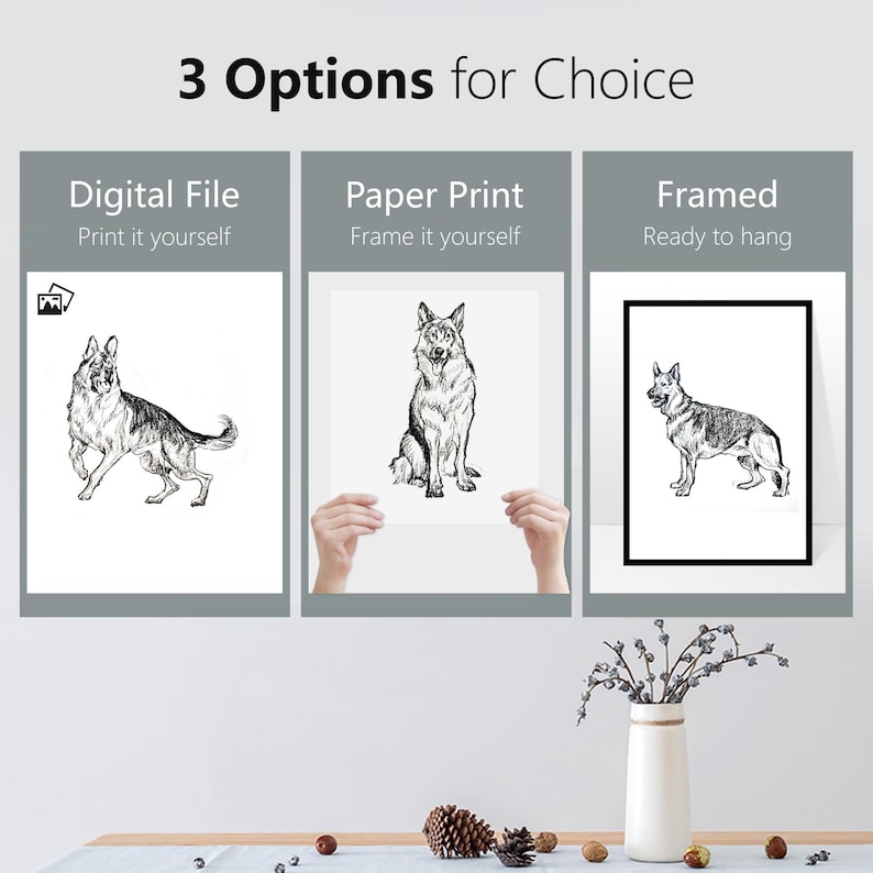 May include: Three options for purchasing a black and white line drawing of a German Shepherd dog: a digital file, a paper print, or a framed print. The digital file can be printed at home, the paper print requires framing, and the framed print is ready to hang.